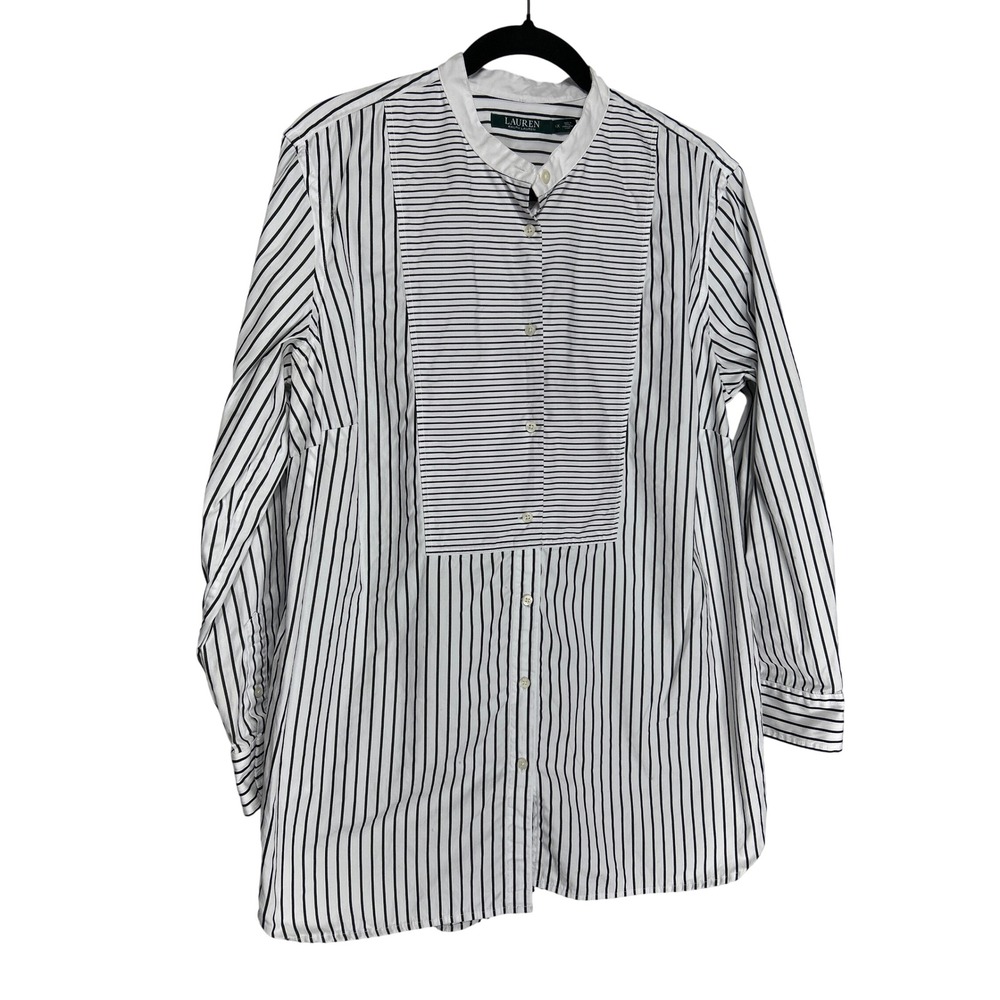 Lauren Ralph Lauren Striped Bib Front Mandarin Collar Shirt Blouse White Sz 1 XL